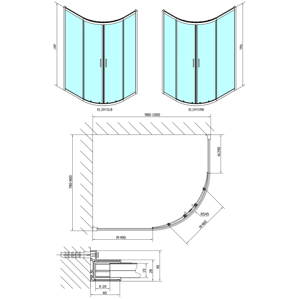 EASY BLACK čtvrtkruhová sprchová zástěna 1000x800mm, L/R, čiré sklo