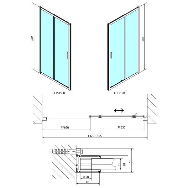 EASY BLACK sprchové dveře 1500mm, čiré sklo