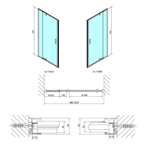 EASY BLACK sprchové dveře otočné 880-1020mm, sklo Brick