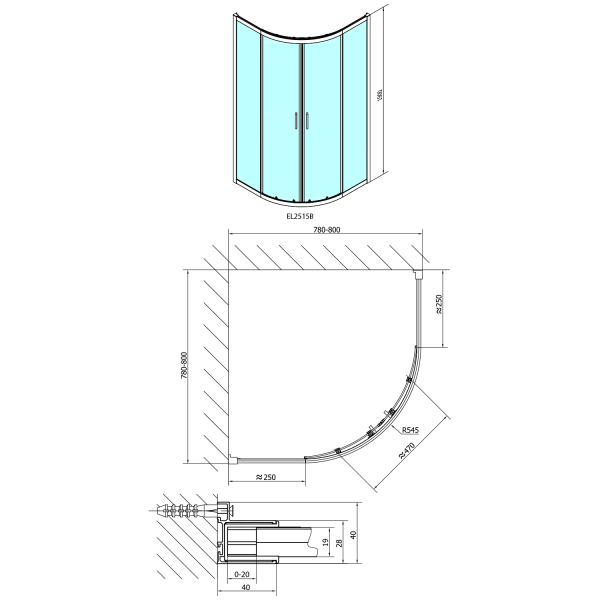 EASY BLACK čtvrtkruhová sprchová zástěna 800x800mm, L/R, čiré sklo