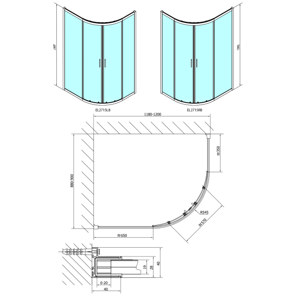 EASY BLACK čtvrtkruhová sprchová zástěna 1200x900mm, L/R, čiré sklo