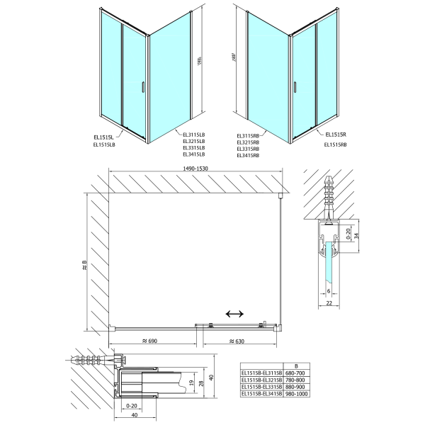 EASY BLACK sprchové dveře 1500mm, čiré sklo