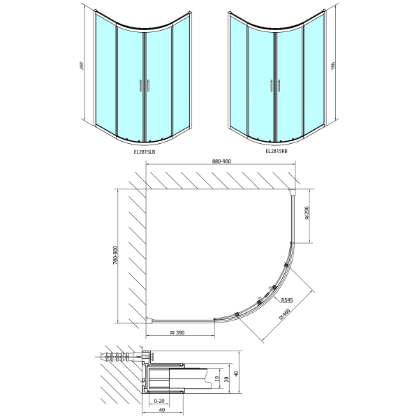 EASY BLACK čtvrtkruhová sprchová zástěna 900x800mm, L/R, čiré sklo