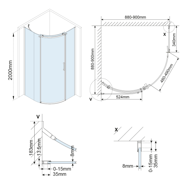 THRON ROUND čtvrtkruhová sprchová zástěna 900x900mm, čiré sklo, levá