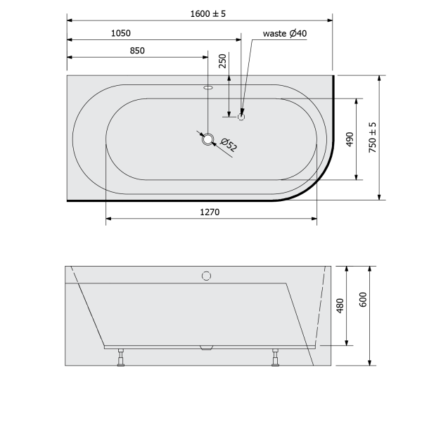 ASTRA L MONOLITH asymetrická vana 160x75x60cm, bílá/carina