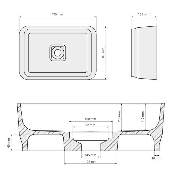 BANERA SQUARE umyvadlo na desku, litý mramor, 50x36cm, bílá mat