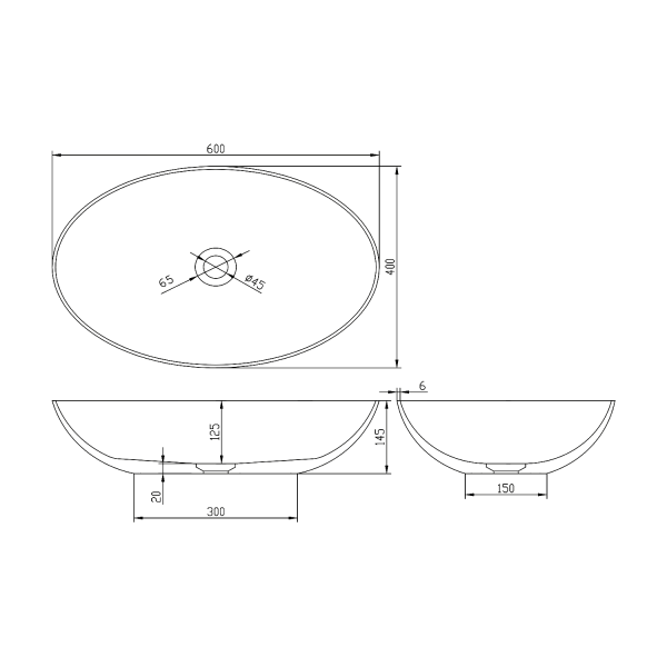 BANERA OVAL umyvadlo na desku, litý mramor, 60x40cm, bílá mat