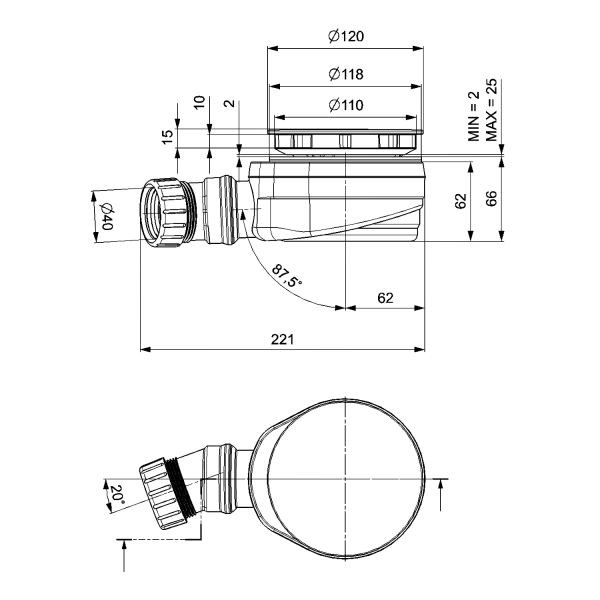 Vaničkový sifon, průměr 90mm, DN40, nízký, krytka nerez lesk