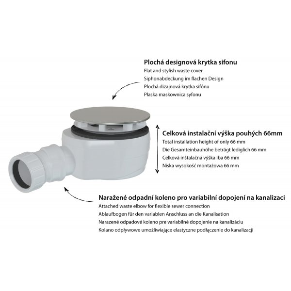 Vaničkový sifon, průměr 90mm, DN40, nízký, krytka nerez lesk