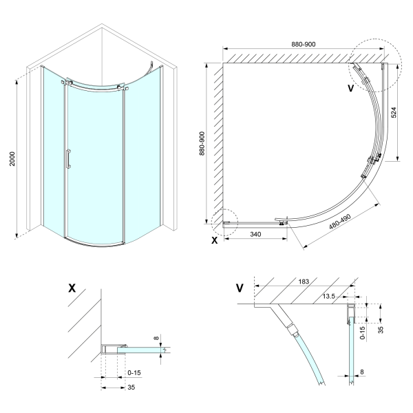 THRON ROUND čtvrtkruhová sprchová zástěna 900x900mm, čiré sklo, pravá