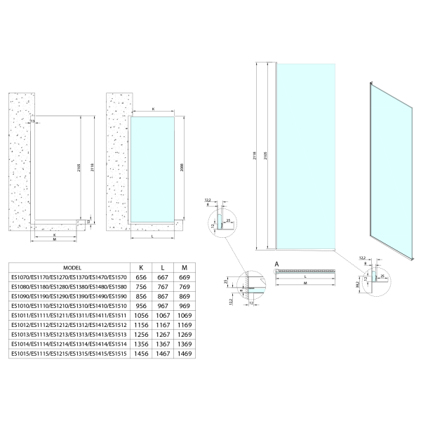 ARCHITEX sada pro uchycení skla podlaha-stěna se spádovou lištou, 1615x2105mm, levá, leštěný hliník