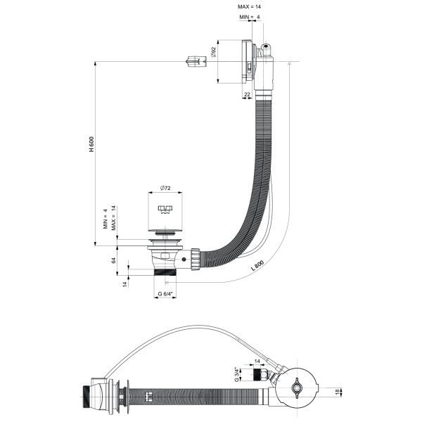 Vanová souprava s napouštěním, bovden, délka 800mm, zátka 72mm, zlato