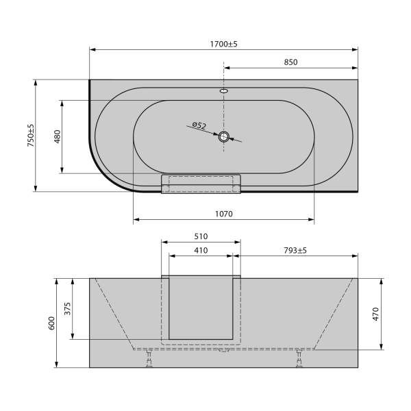 PORTAS R asymetrická vana s dvířky, 170x75x60cm, bílá