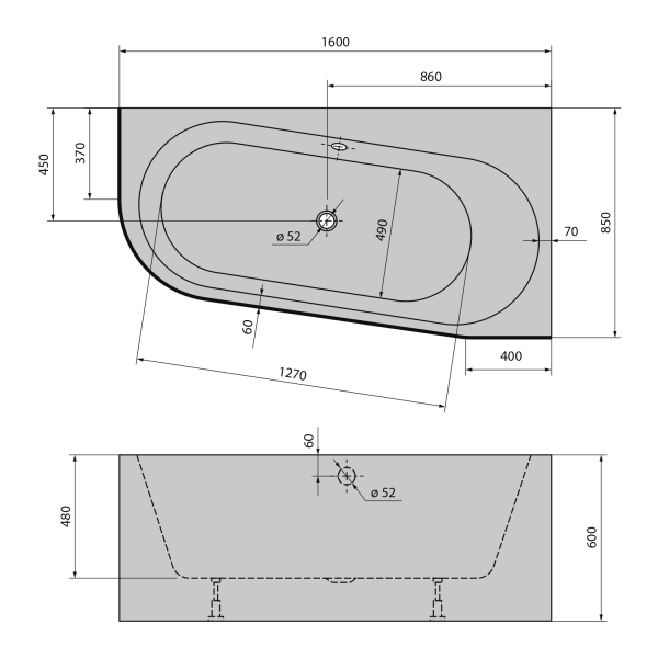 ASTRA WR MONOLITH asymetrická vana 160x85x60cm, bílá