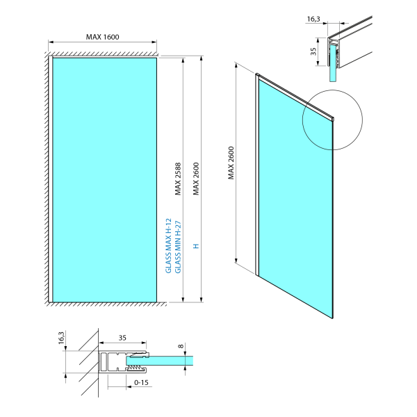 ESCA sada profilů pro uchycení skla, stěna - strop, 2600x1600mm, černá mat