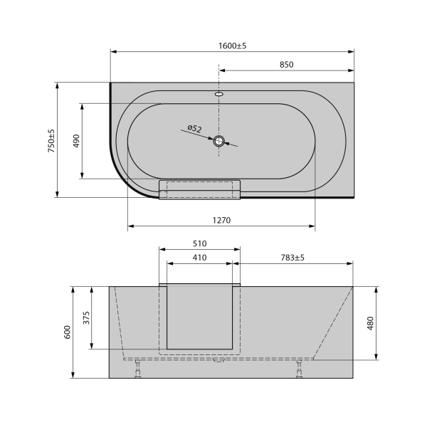 PORTAS R asymetrická vana s dvířky, 160x75x60cm, bílá