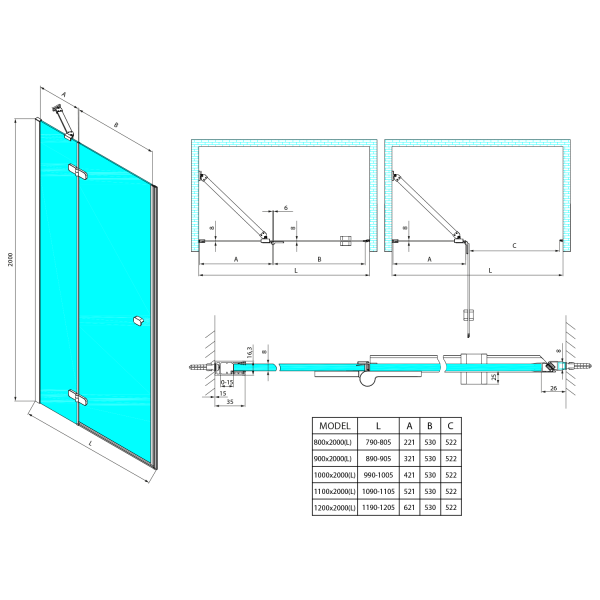 GLOBE GUN METAL sprchové dveře do niky 1100mm, čiré sklo, levé