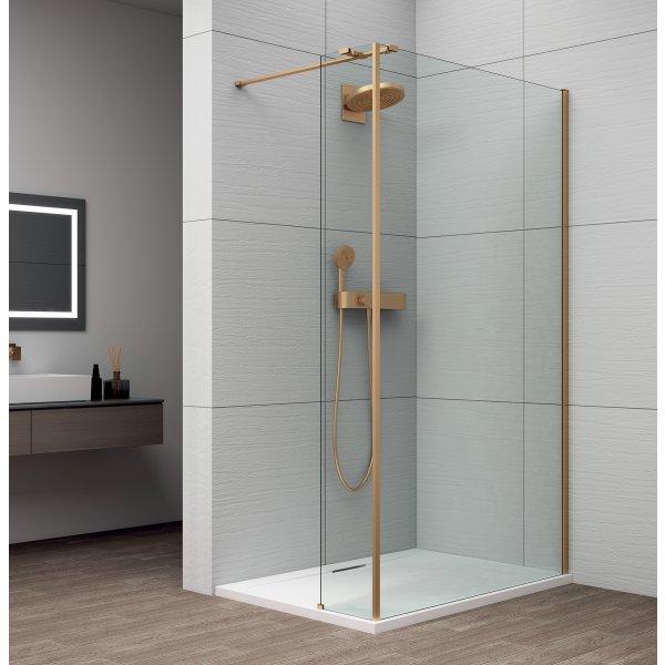 ESCA GOLD MATT sprchová zástěna s instalací ke stěně 800mm a přídavným panelem 285mm, čiré sklo