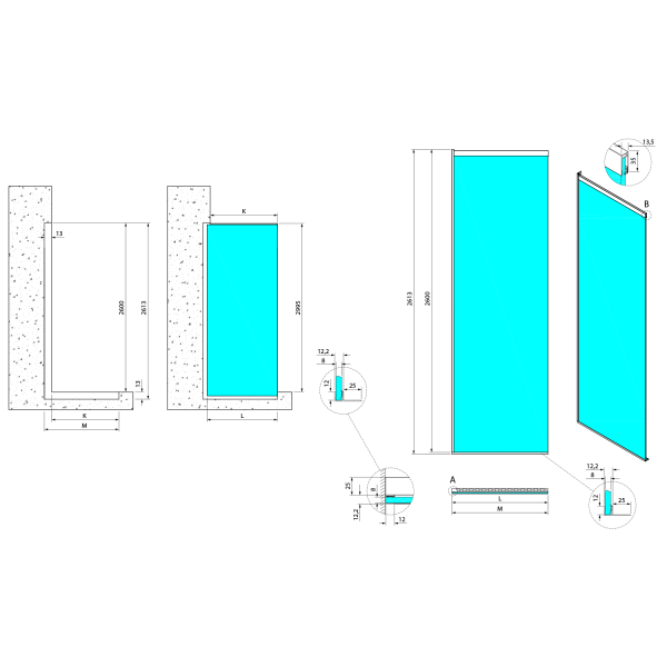 ARCHITEX sada pro neviditelné uchycení skla, podlaha-stěna-strop, 1615x2600mm, černá mat