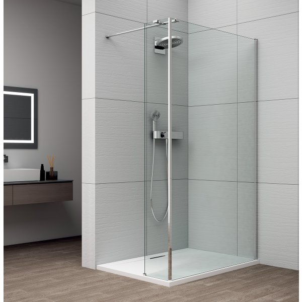 ESCA CHROM sprchová zástěna s instalací ke stěně 1400mm a přídavným panelem 585mm, čiré sklo