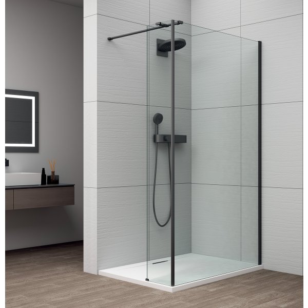 ESCA BLACK MATT sprchová zástěna s instalací ke stěně 800mm a přídavným panelem 285mm, čiré sklo
