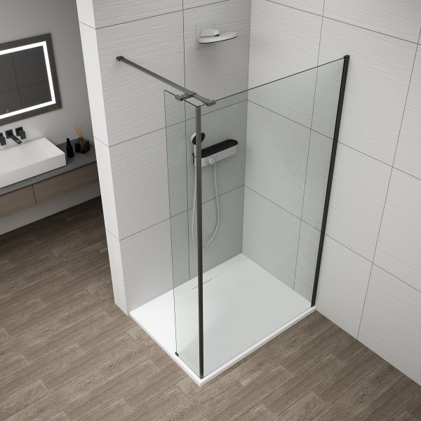 ESCA BLACK MATT sprchová zástěna s instalací ke stěně 800mm a přídavným panelem 385mm, čiré sklo