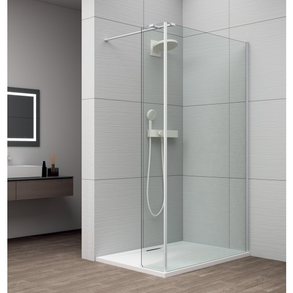 ESCA WHITE MATT sprchová zástěna s instalací ke stěně 1400mm a přídavným panelem 285mm, čiré sklo