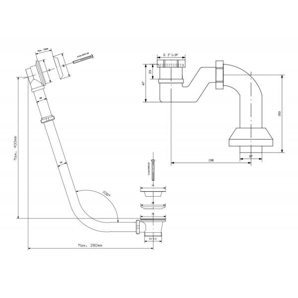 RETRO vanová souprava pro vnější instalaci, řetízek, včetně sifonu, chrom