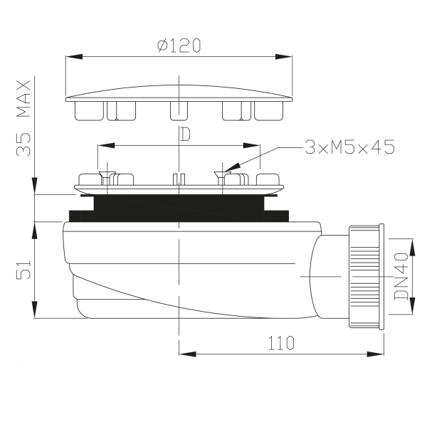 Vaničkový sifon, průměr 90mm, DN40, extra nízký, krytka nerez lesk