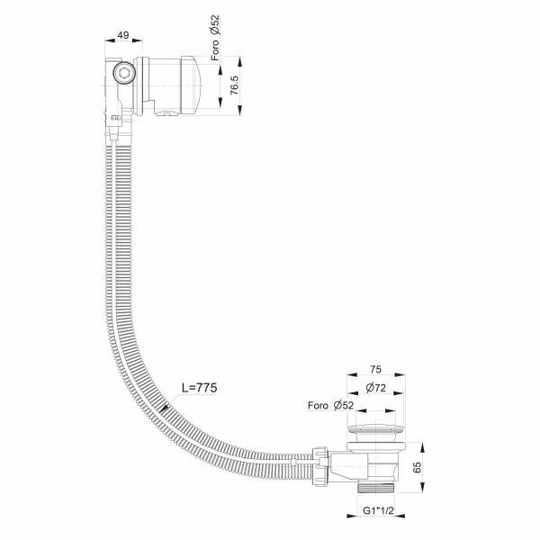 Vanová souprava s napouštěním, bovden, délka 775mm, zátka 72mm, zlato