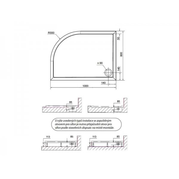 RENA L sprchová vanička z litého mramoru, čtvrtkruh 100x80cm, R550, levá, bílá
