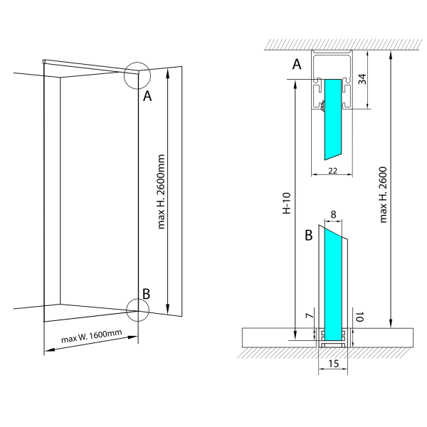 Sada lišt pro uchycení skla ARCHITEX LINE podlaha-stěna-strop, šíře 160 cm, leštěný hliník