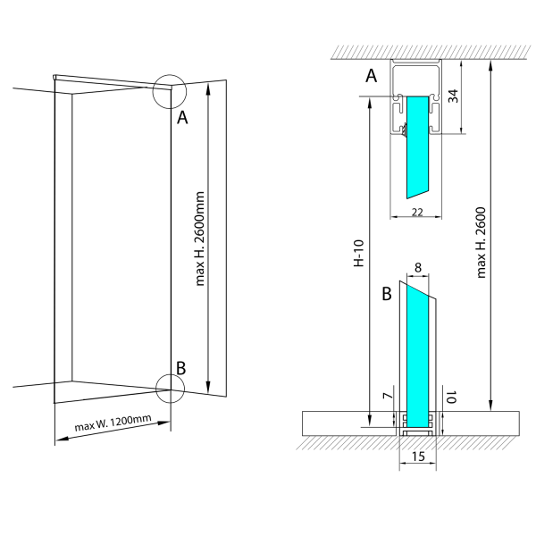 Sada lišt pro uchycení skla ARCHITEX LINE podlaha-stěna-strop, šíře 120 cm, leštěný hliník