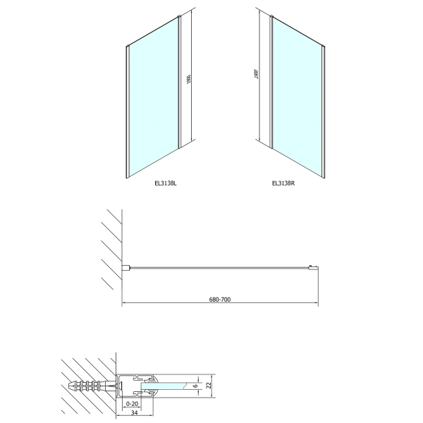 EASY boční stěna 900mm, sklo Brick