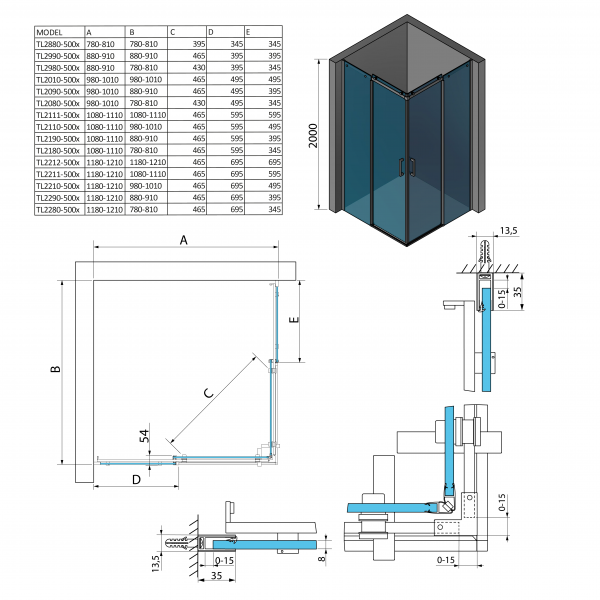 THRON LINE SQUARE čtvercový sprchový kout 800x800mm, hranaté pojezdy, rohový vstup