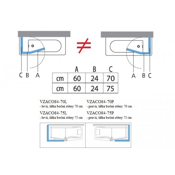 Rohová vanová zástěna COMBY 2 150x84 cm / 150x75 cm, pravá